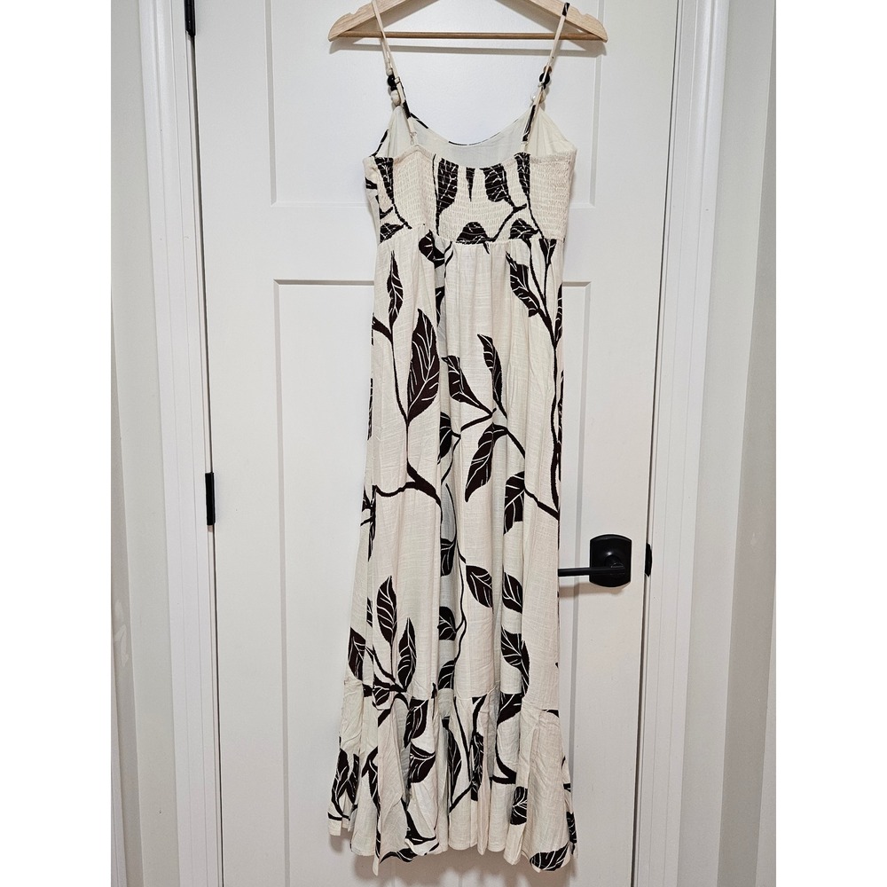 Able The Label Linen Blend Maxi Dress M Brown Cream Leaf Print Beaded NWT Boho - Picture 2 of 8